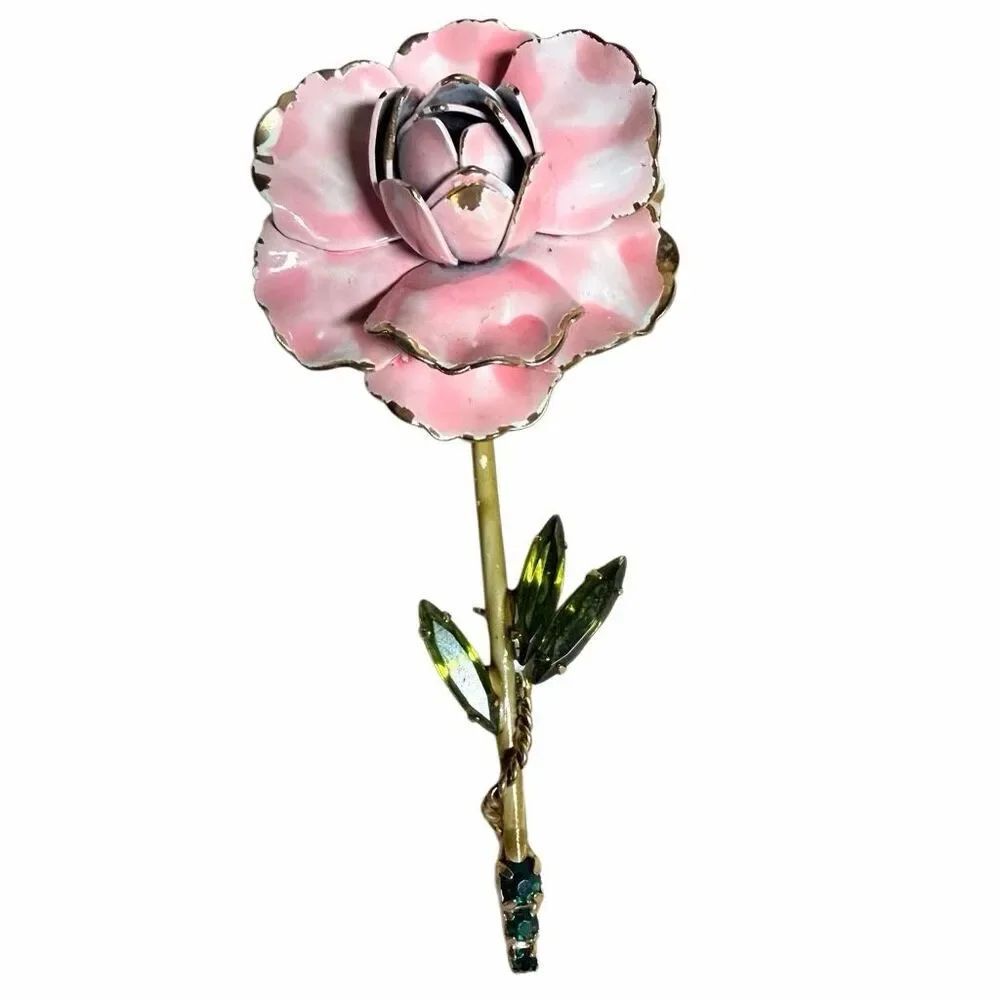 WEISS Pink Enamel Rose Brooch Vintage Long Stem Flower Rhinestone